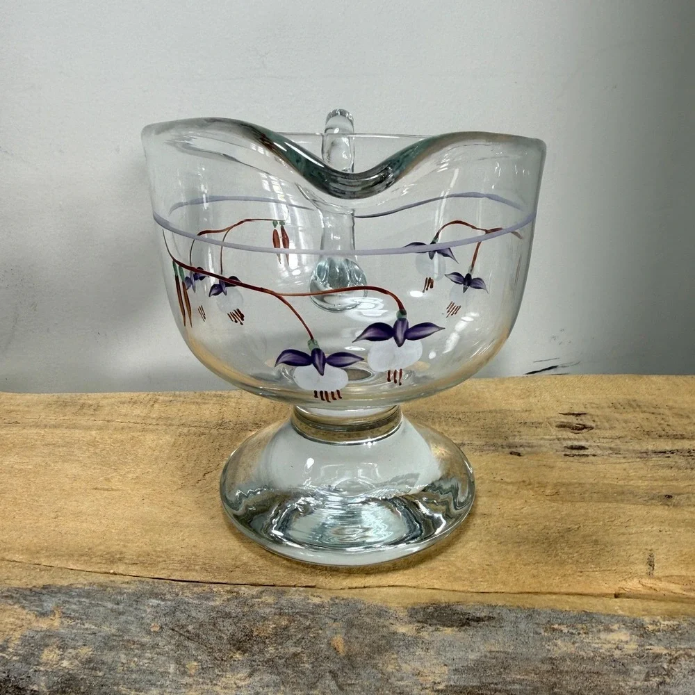 Vintage Hand Painted Fuchsia Floral Glass Gravy Boat Footed Pitcher Cottagecore